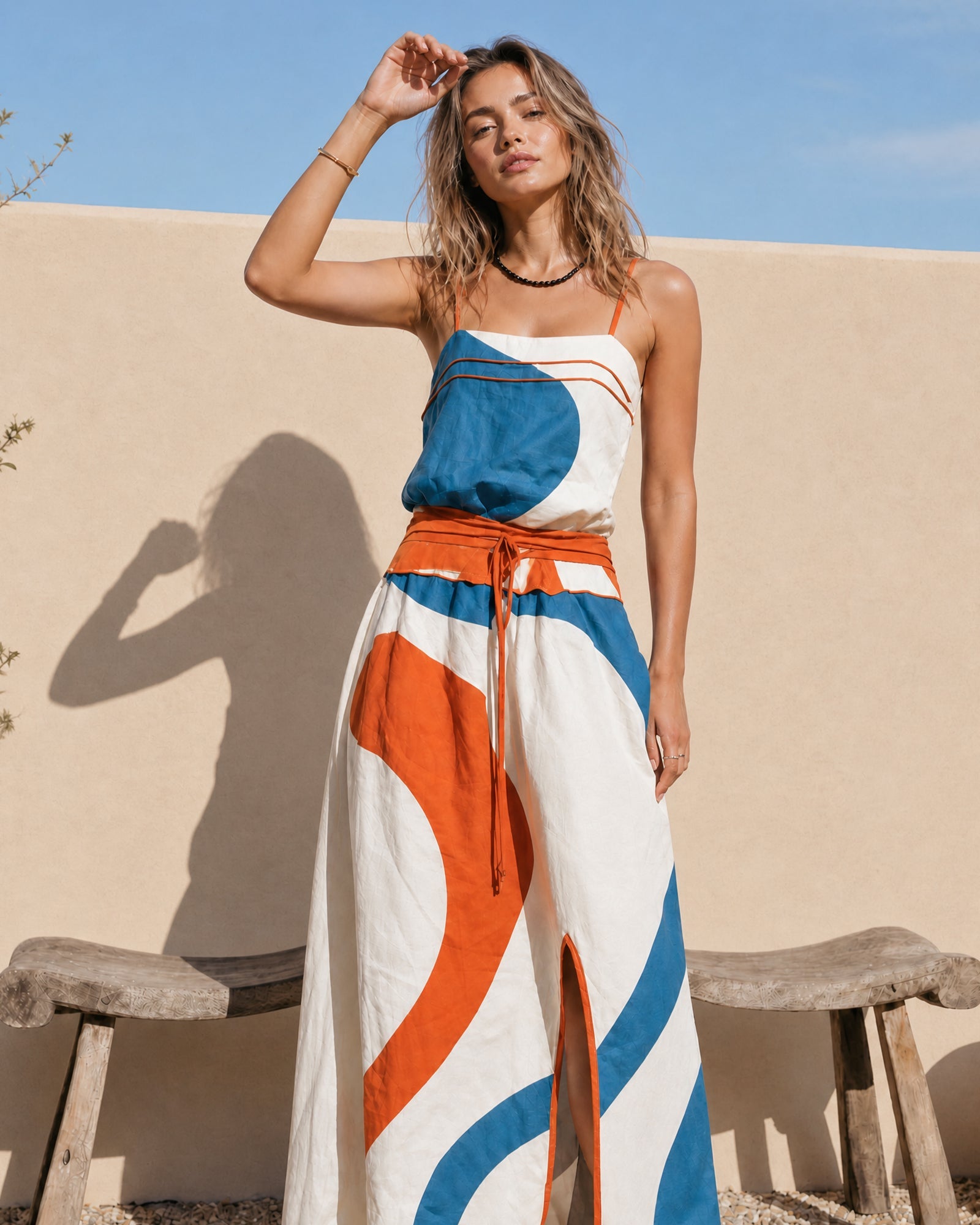 Trendé™ | Elena Webstoff-Maxikleid mit Spaghettiträgern und ärmellosem Schnitt
