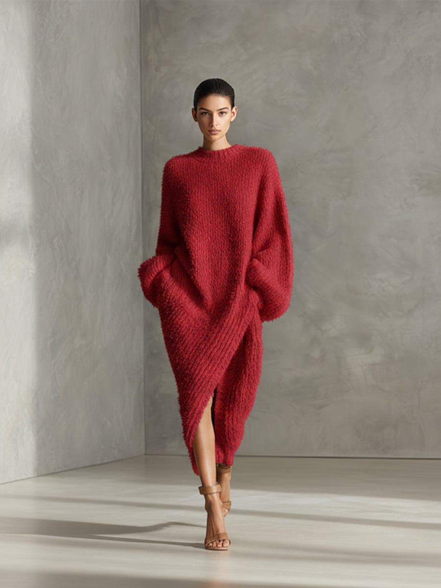 Trendé™ | Hanna Strick-Midikleid mit asymmetrischem Schnitt und Schlitz