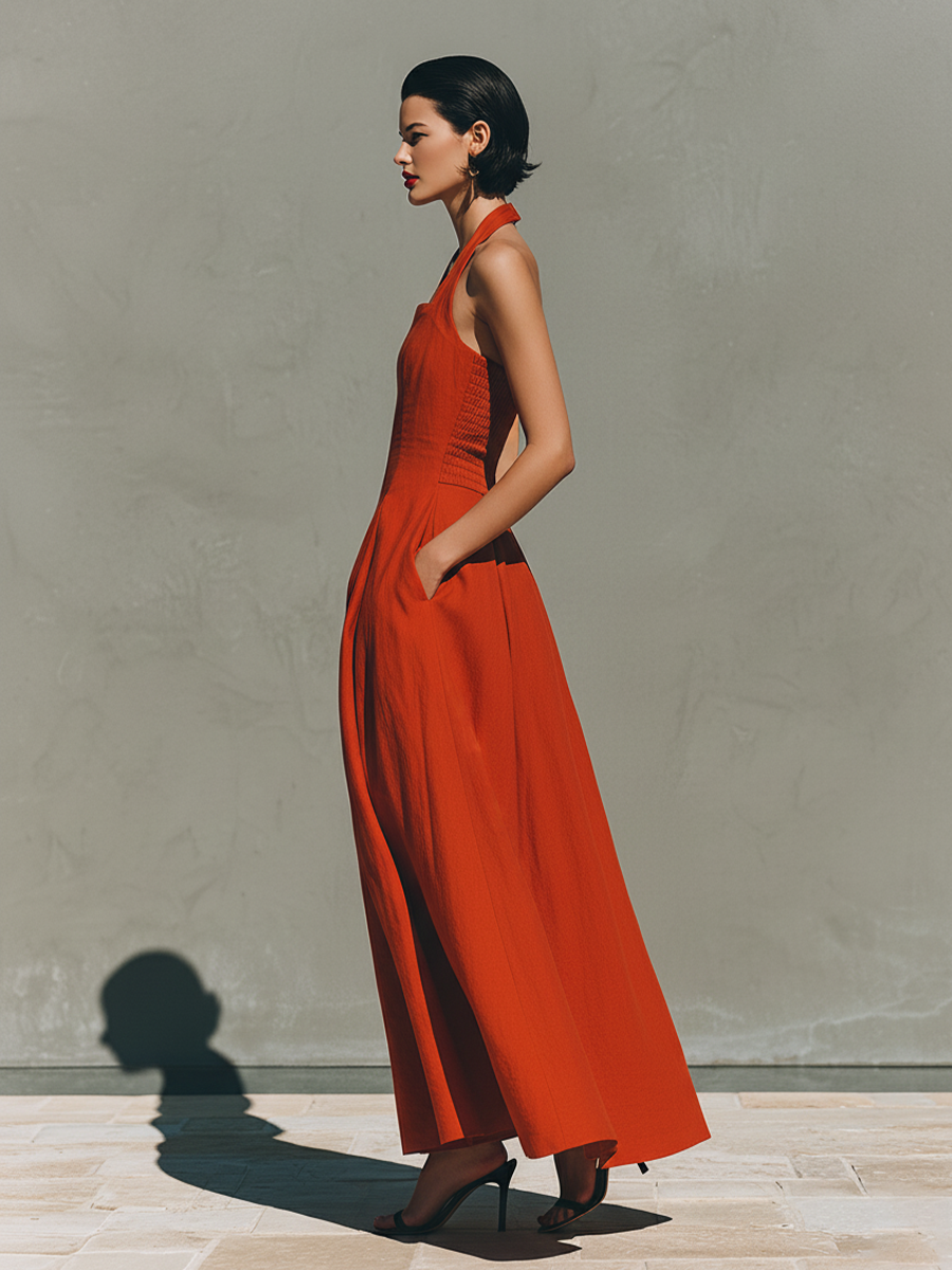 Trendé™ | Bellina Leinenmix-Maxikleid mit Neckholder-Ausschnitt und Plisseefalten